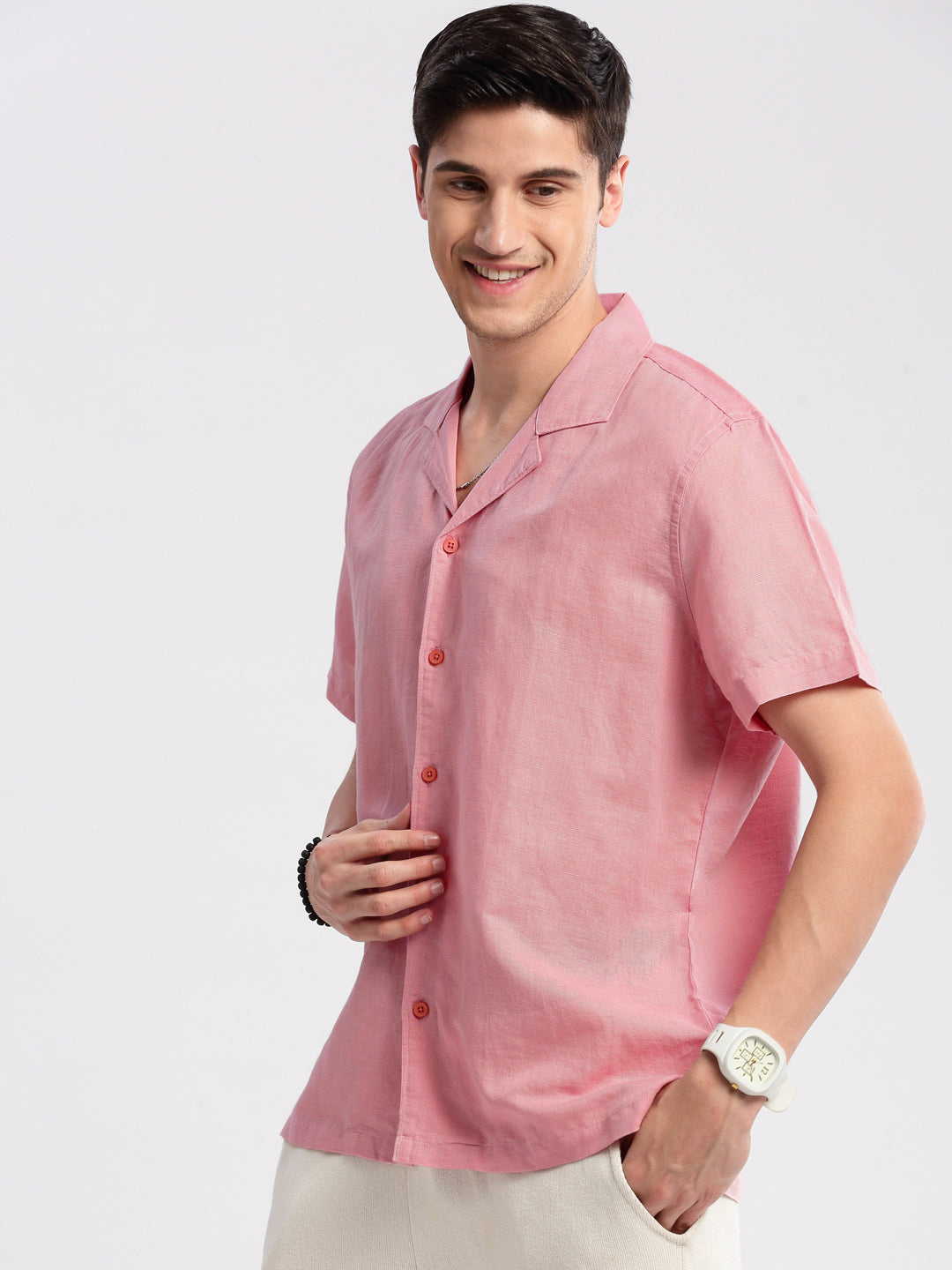 Men's Cuban Collar Solid Pink Cotton Casual Shirt