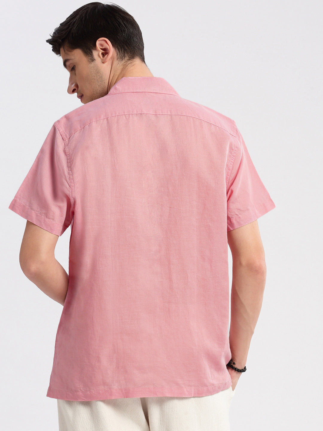 Men's Cuban Collar Solid Pink Cotton Casual Shirt