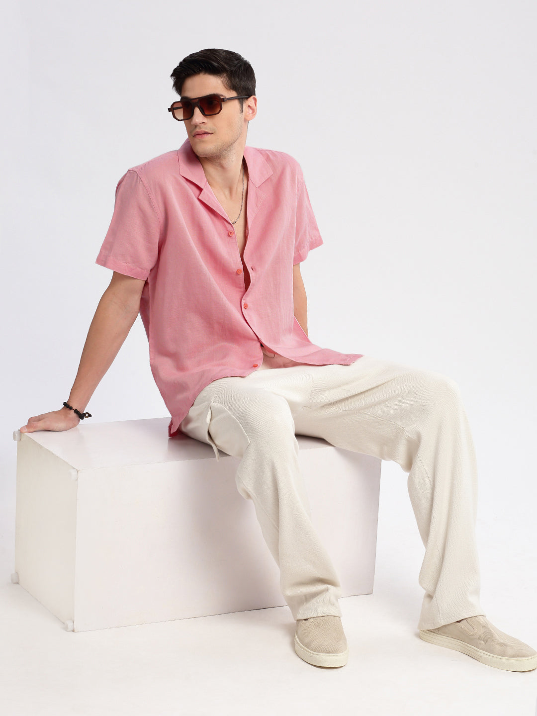 Men's Cuban Collar Solid Pink Cotton Casual Shirt