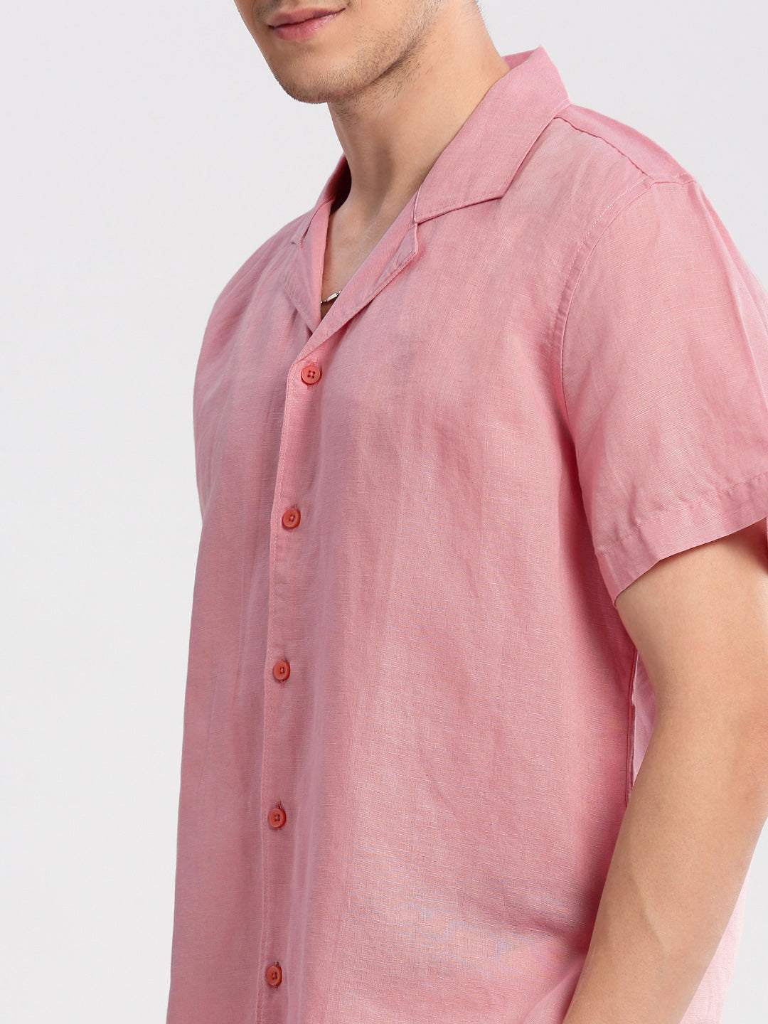 Men's Cuban Collar Solid Pink Cotton Casual Shirt