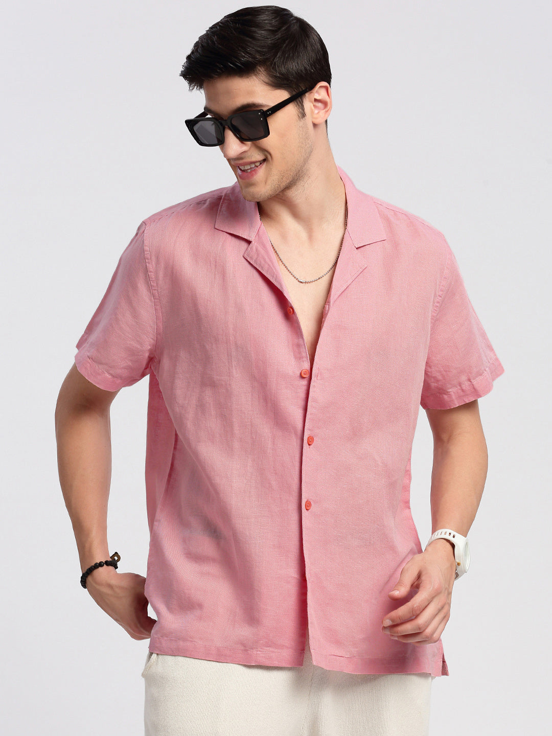 Men's Cuban Collar Solid Pink Cotton Casual Shirt