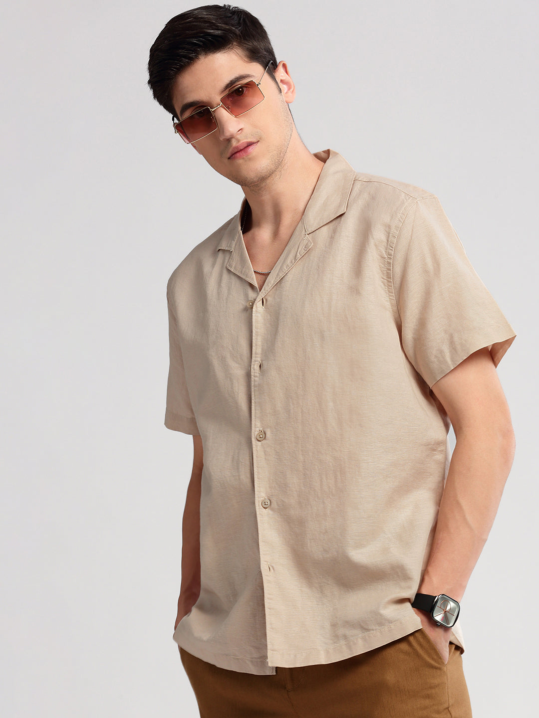 Men's Cuban Collar Solid Beige Casual Shirt
