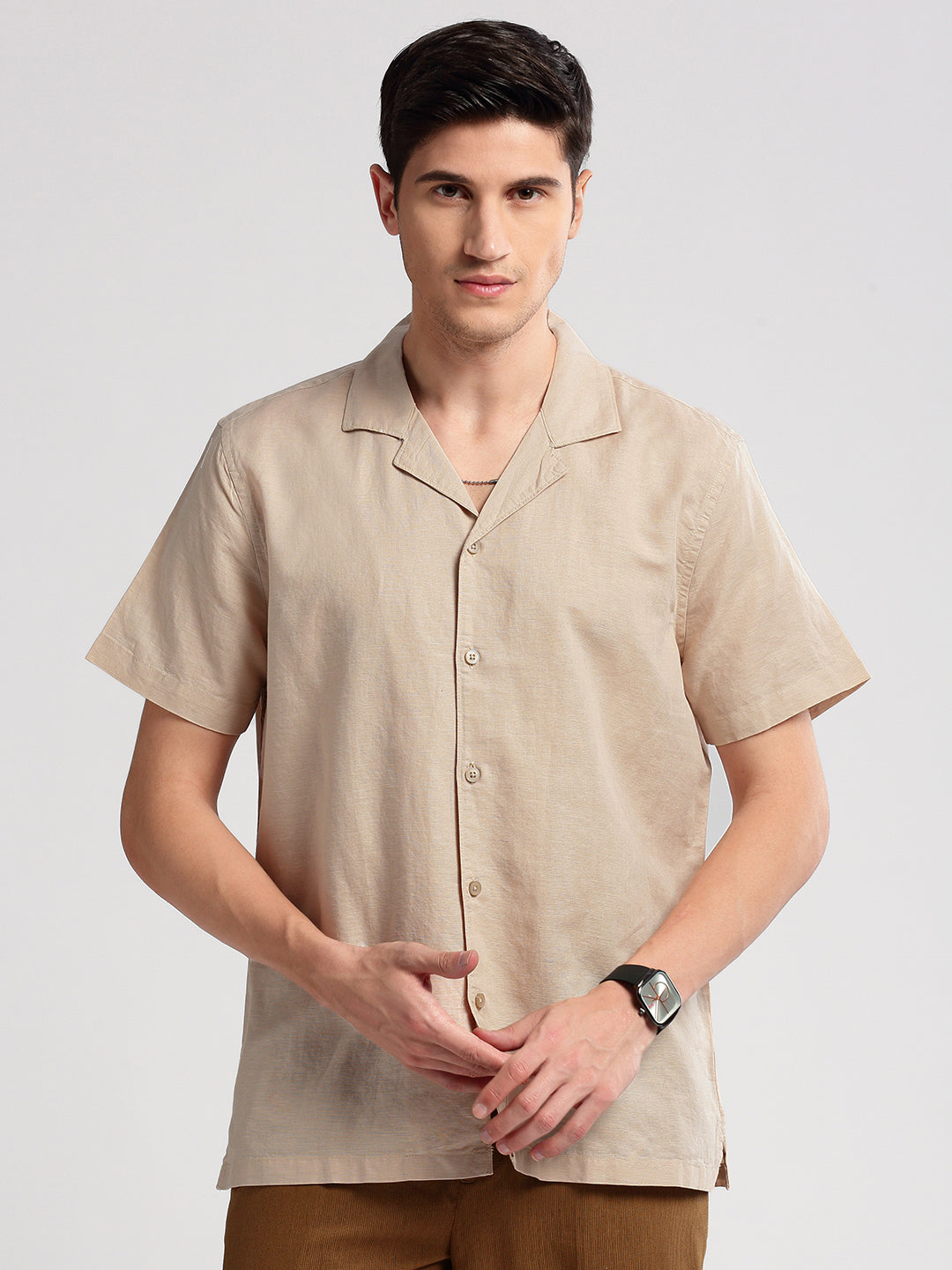 Men's Cuban Collar Solid Beige Casual Shirt