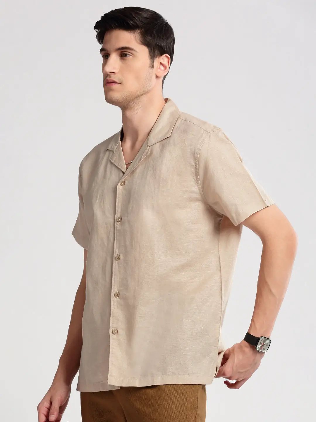 Men's Cuban Collar Solid Beige Casual Shirt - from SHOWOFFFF