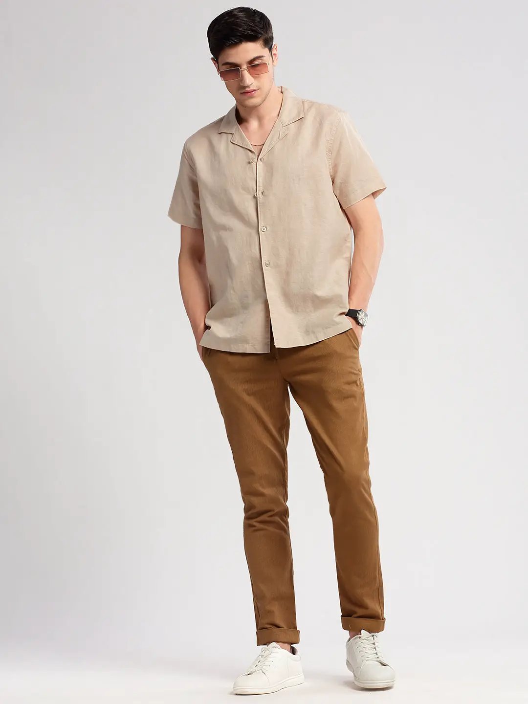 Men's Cuban Collar Solid Beige Casual Shirt - from SHOWOFFFF