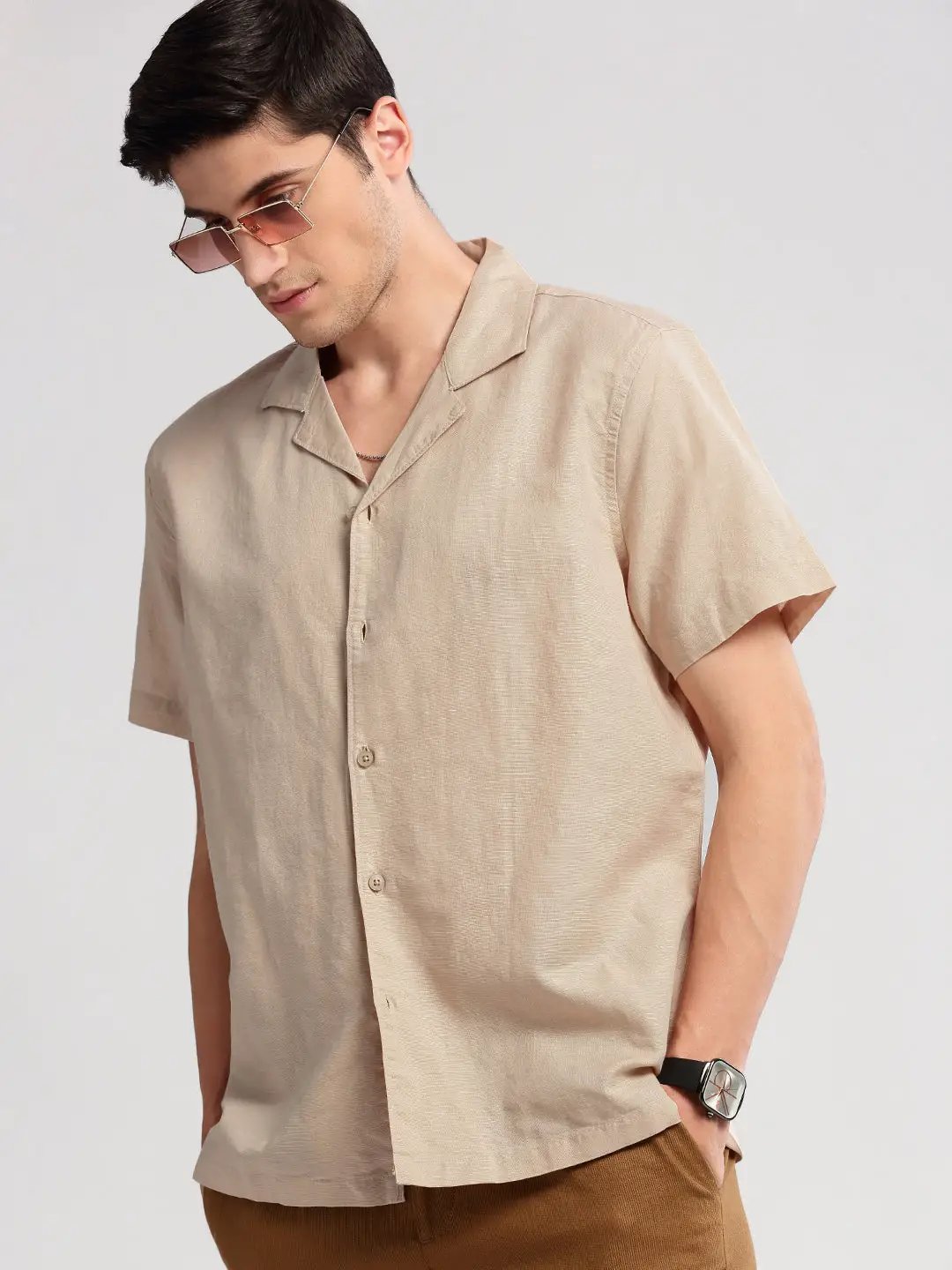 Men's Cuban Collar Solid Beige Casual Shirt - from SHOWOFFFF