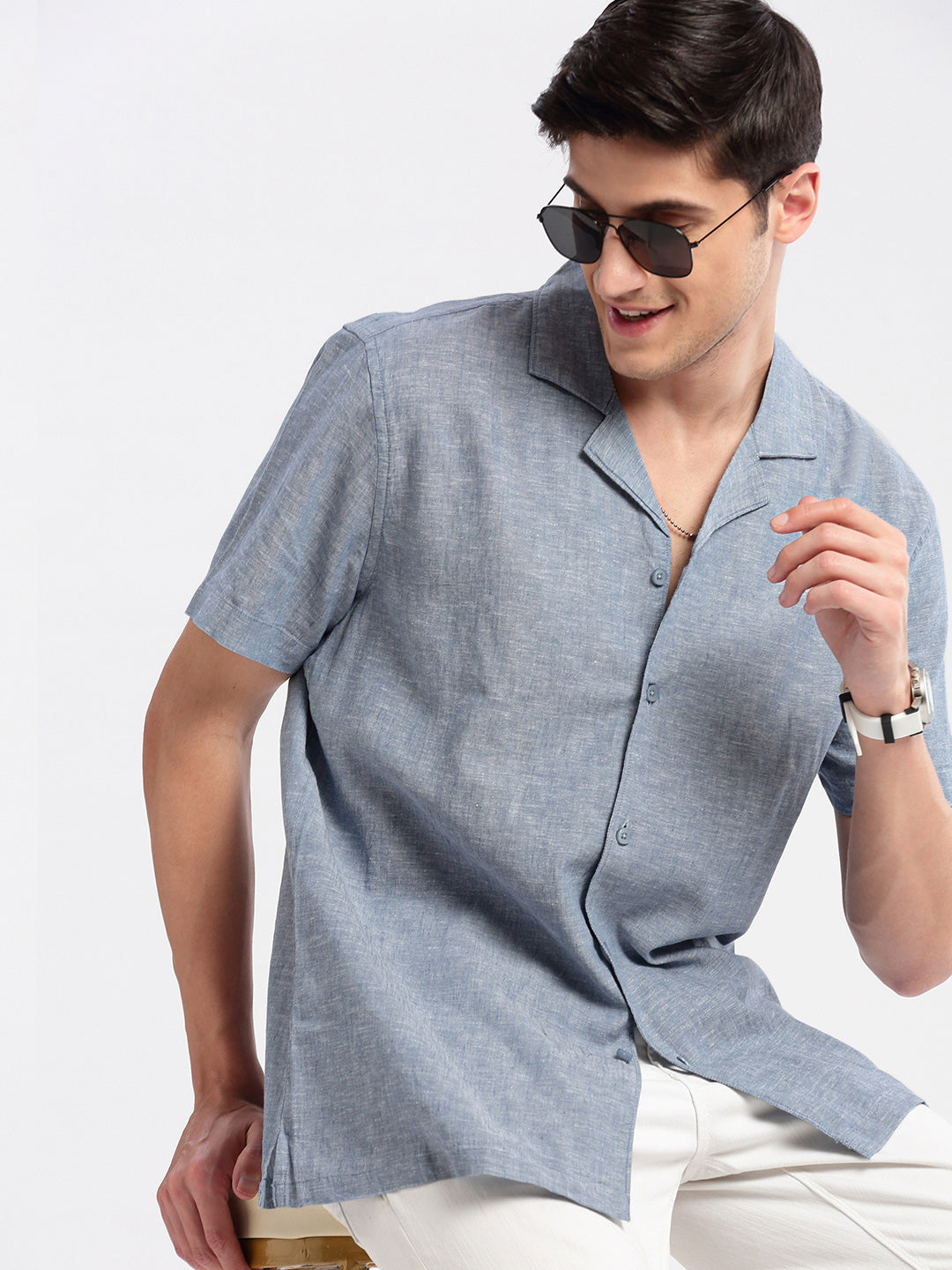 Men's Cuban Collar Solid Blue Cotton Shirt