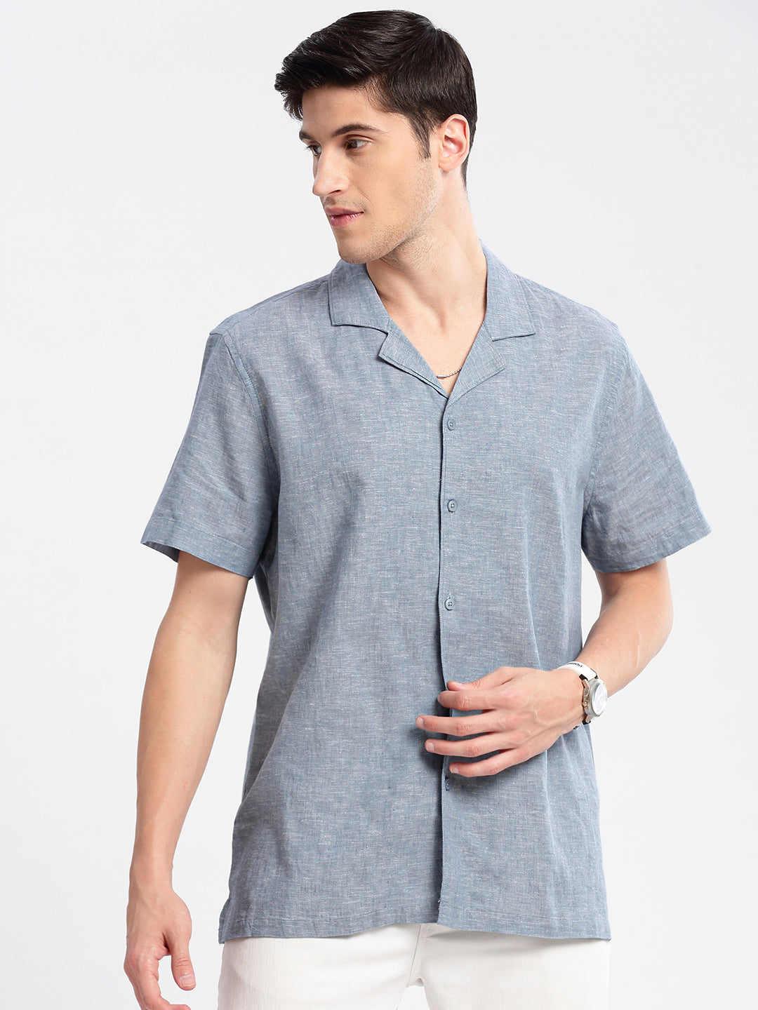 Men's Cuban Collar Solid Blue Cotton Shirt