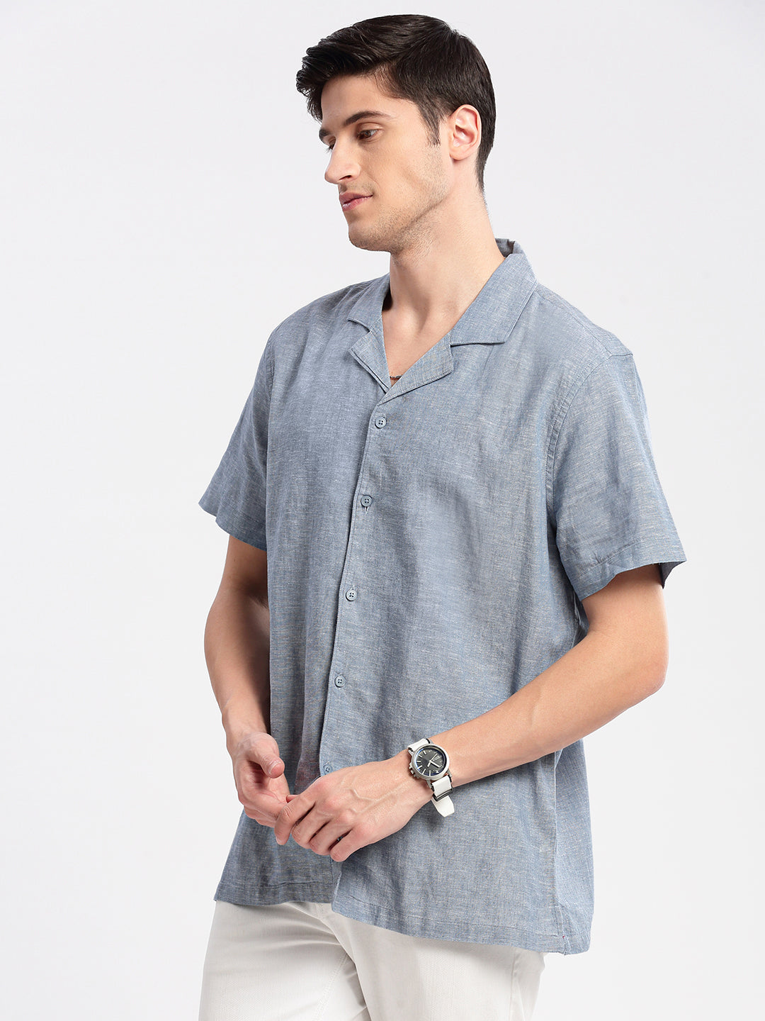 Men's Cuban Collar Solid Blue Cotton Shirt