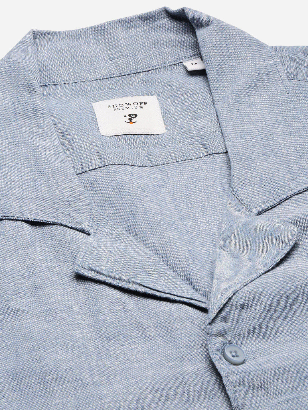 Men's Cuban Collar Solid Blue Cotton Shirt