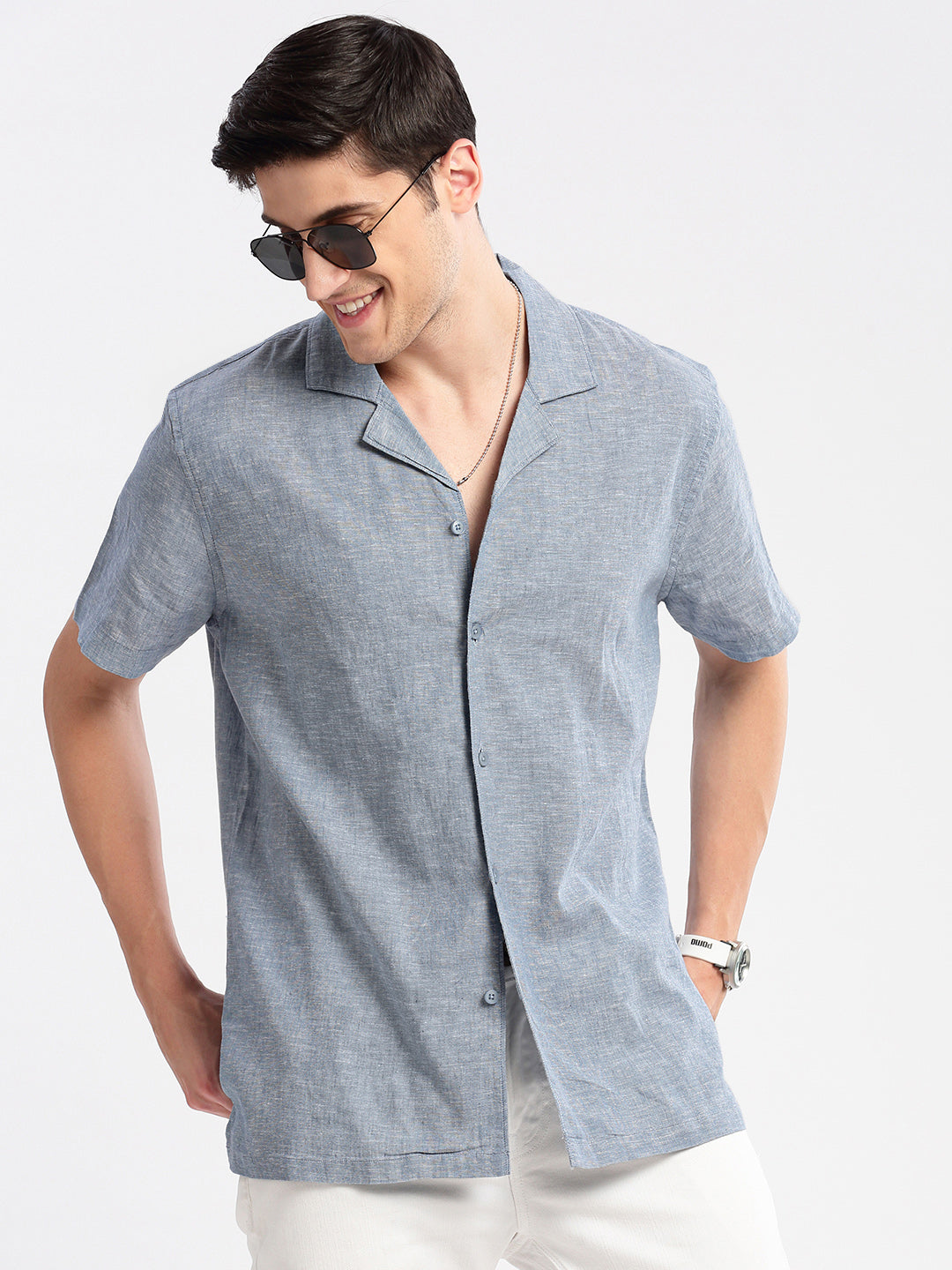 Men's Cuban Collar Solid Blue Cotton Shirt