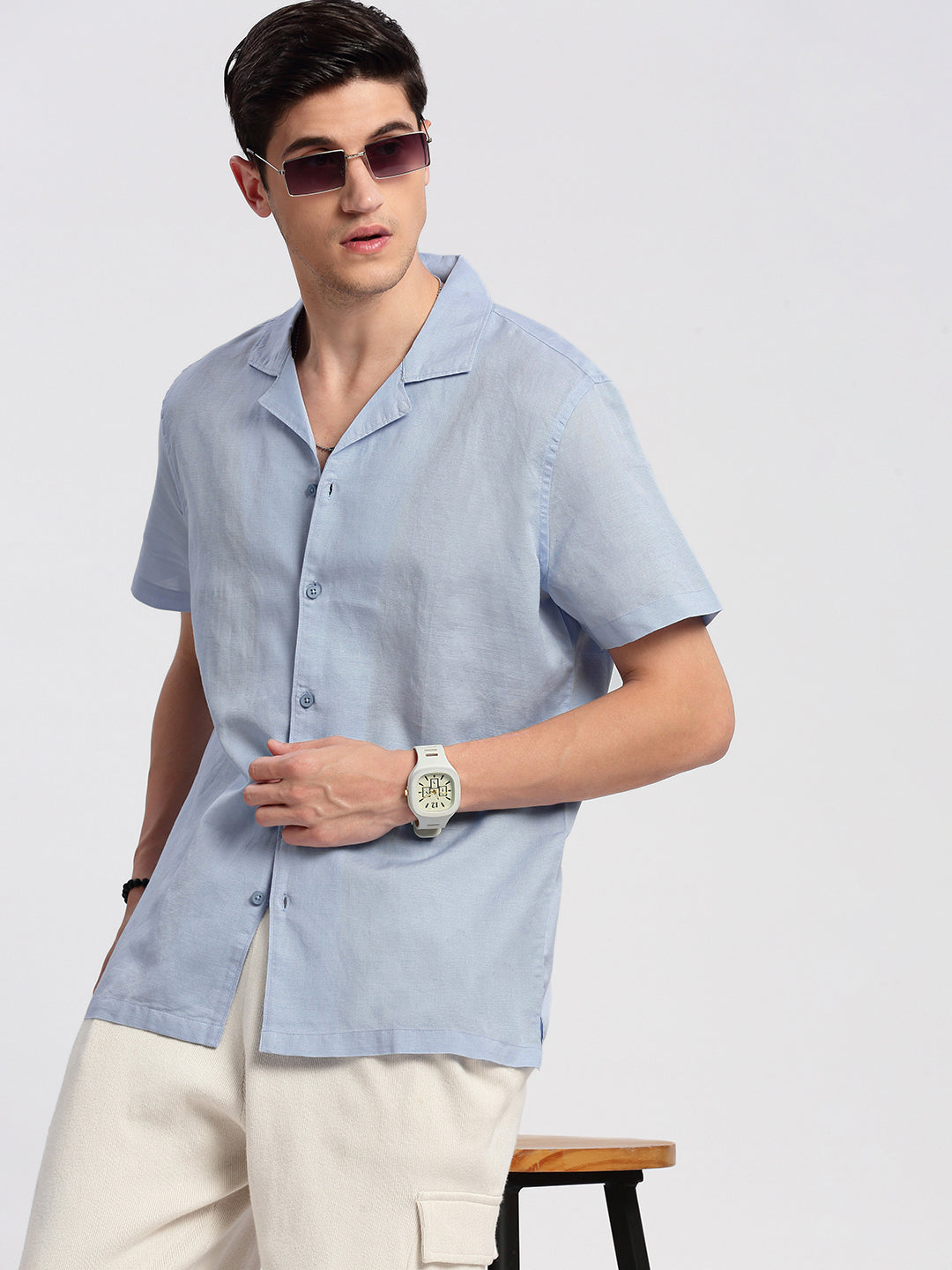 Men's Cuban Collar Solid Blue Relaxed Fit Shirt