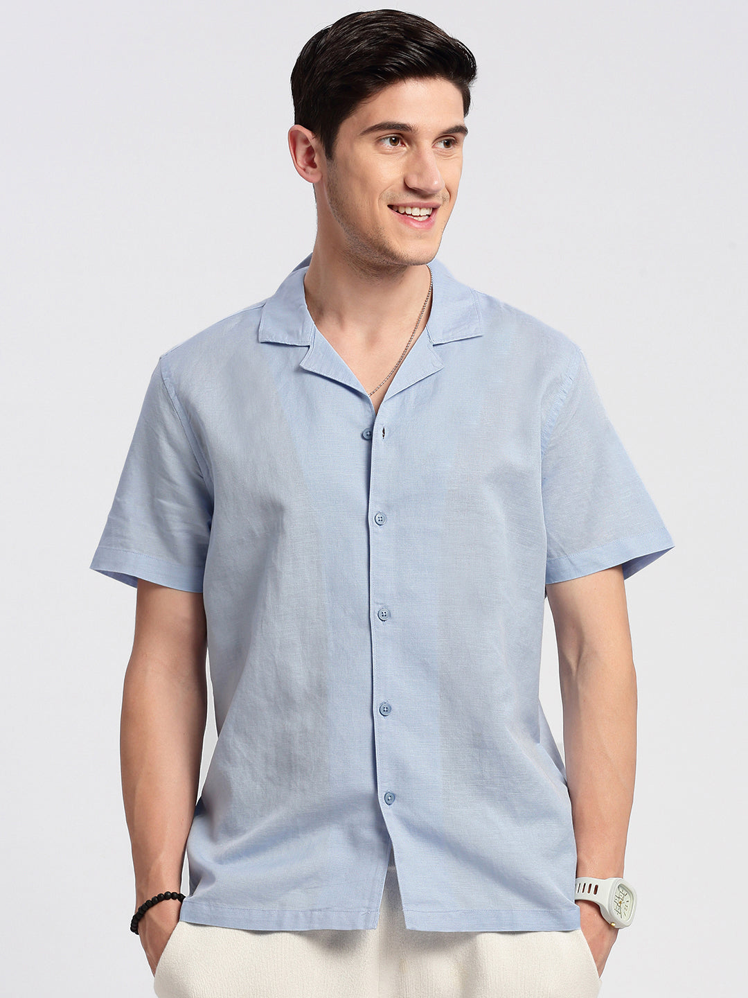 Men's Cuban Collar Solid Blue Relaxed Fit Shirt