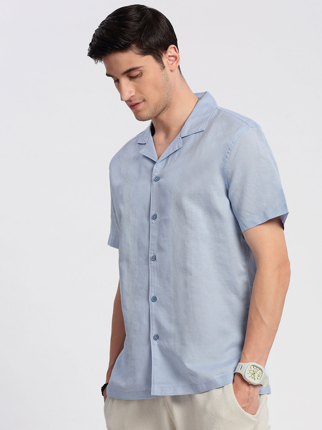 Men's Cuban Collar Solid Blue Relaxed Fit Shirt