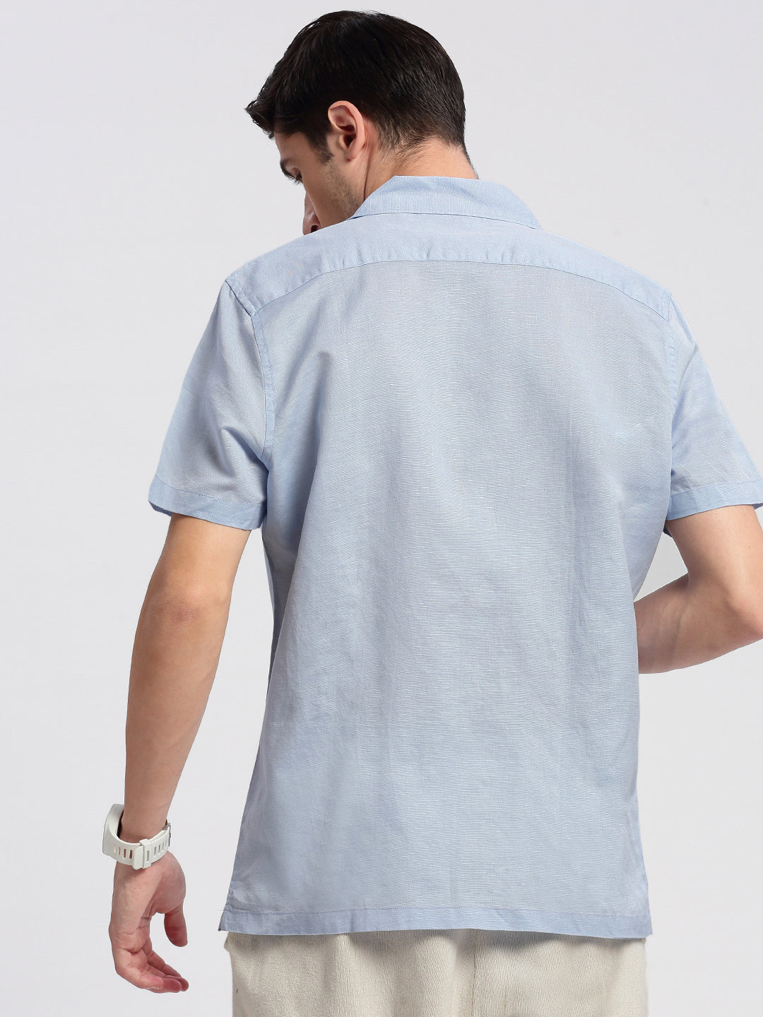 Men's Cuban Collar Solid Blue Relaxed Fit Shirt