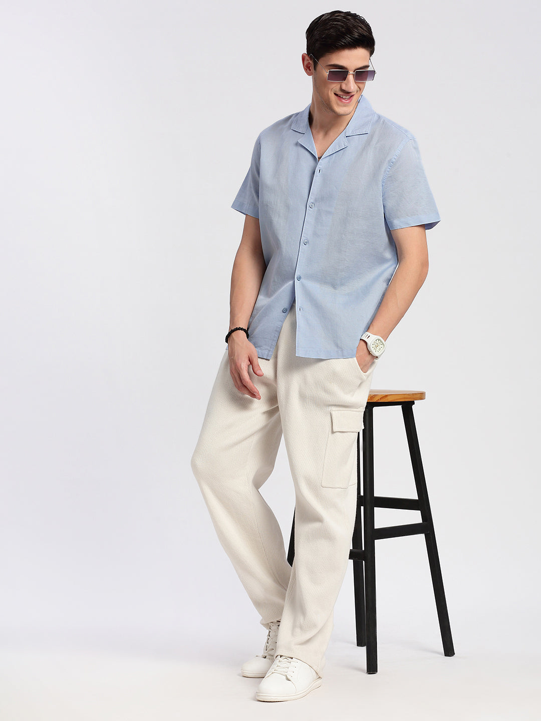 Men's Cuban Collar Solid Blue Relaxed Fit Shirt