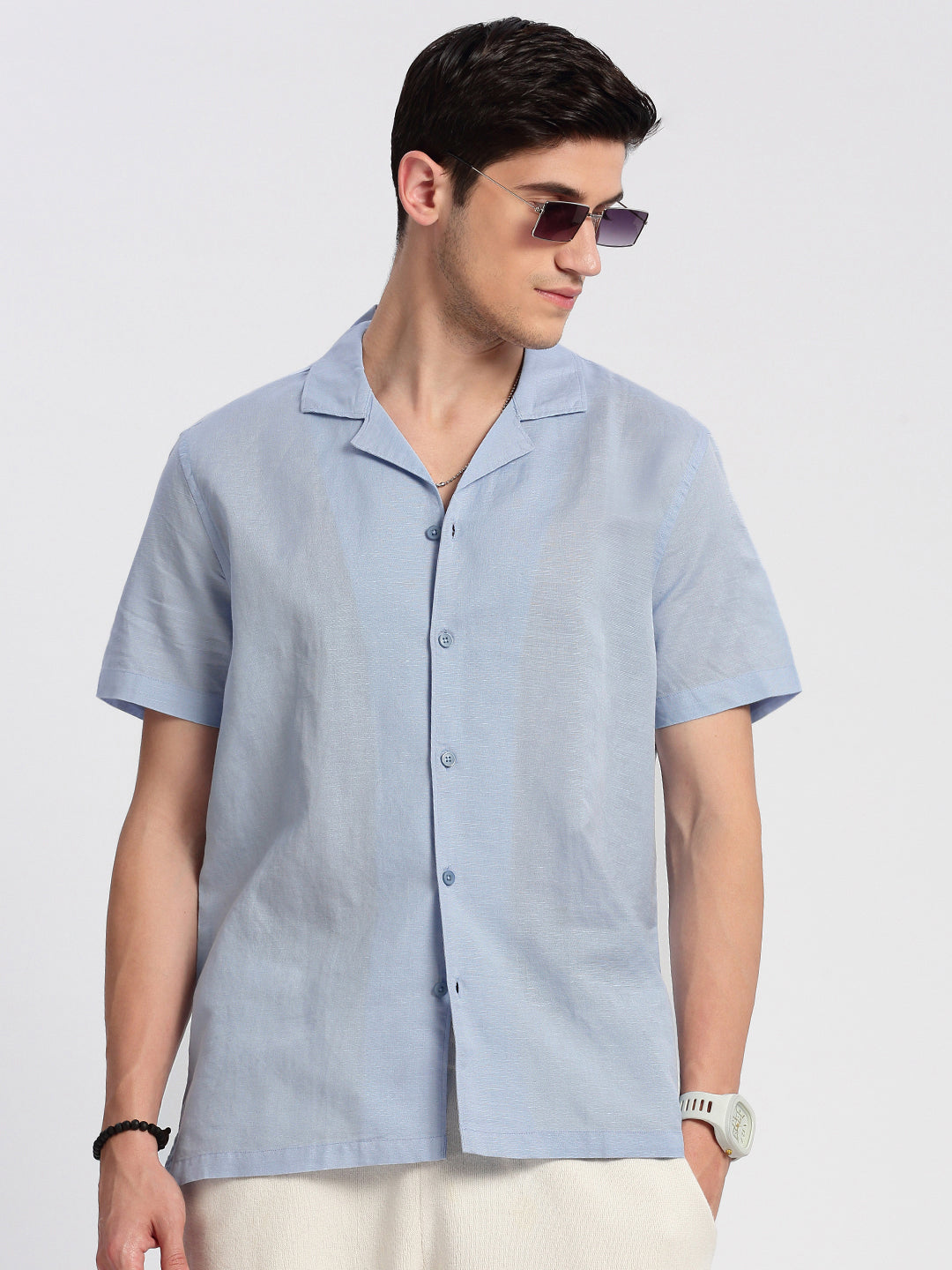 Men's Cuban Collar Solid Blue Relaxed Fit Shirt