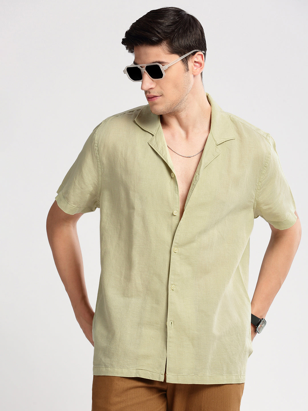 Men's Cuban Collar Solid Green Casual Shirt
