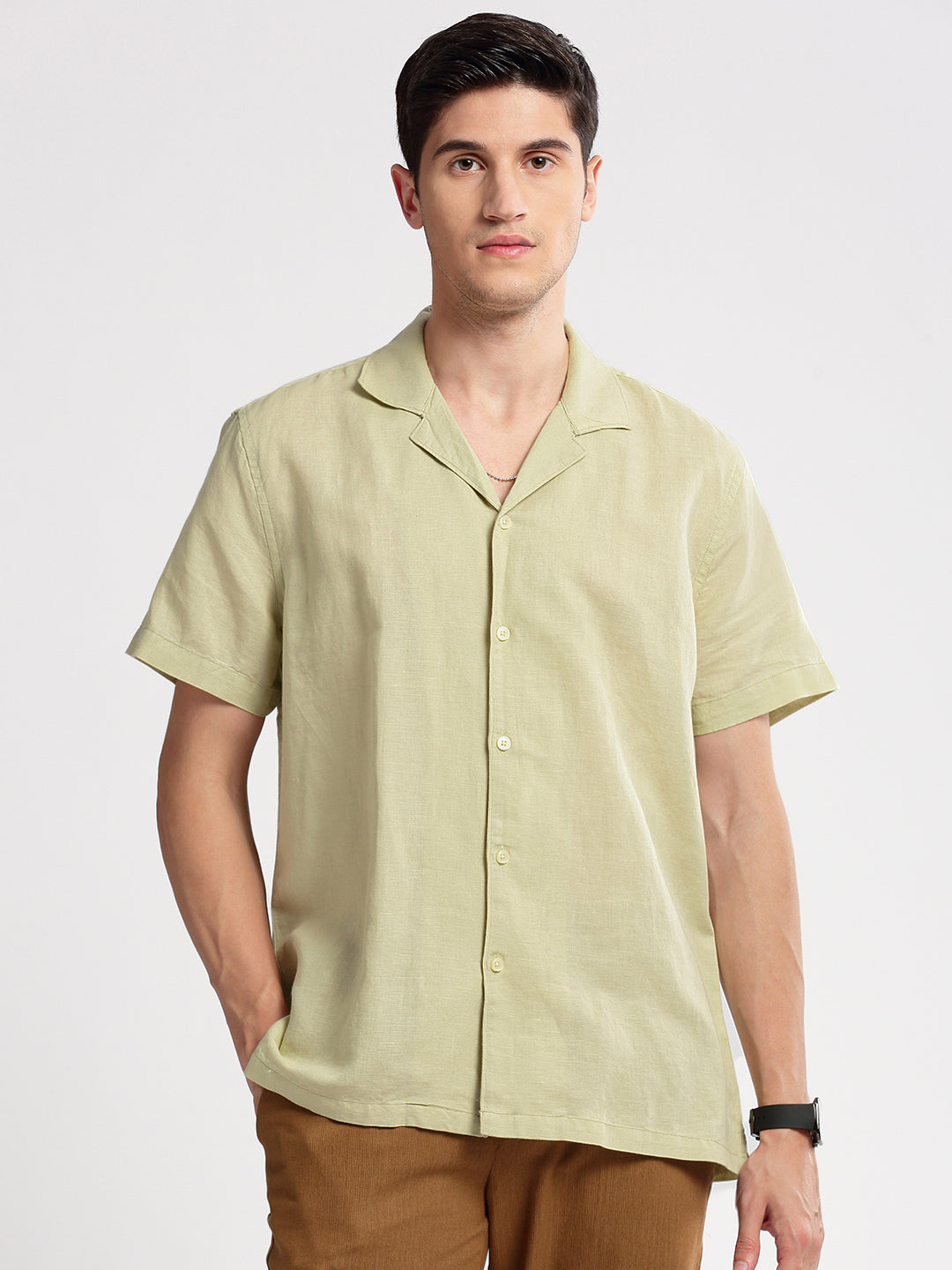 Men's Cuban Collar Solid Green Casual Shirt