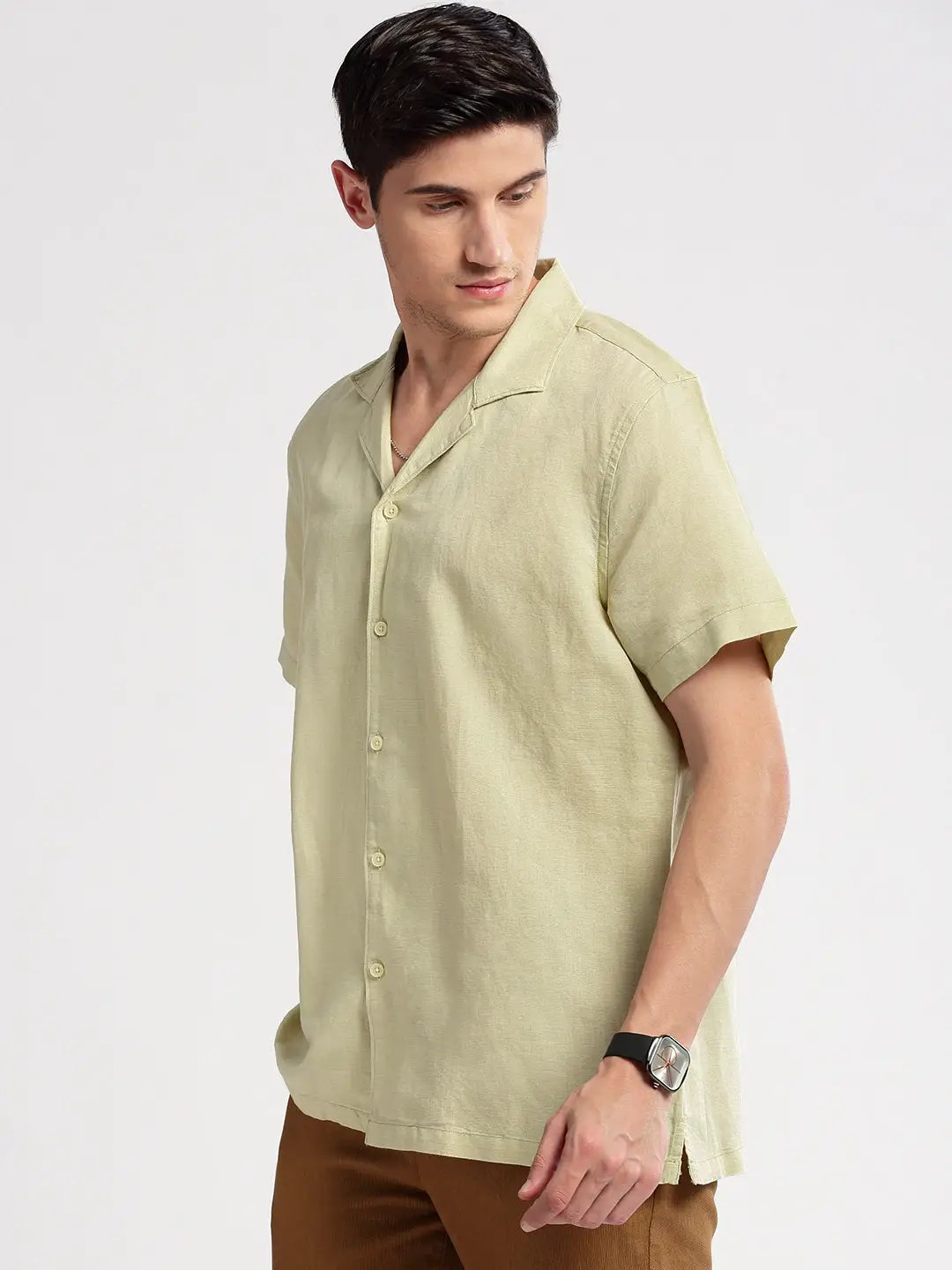 Men's Cuban Collar Solid Green Casual Shirt - from SHOWOFFFF