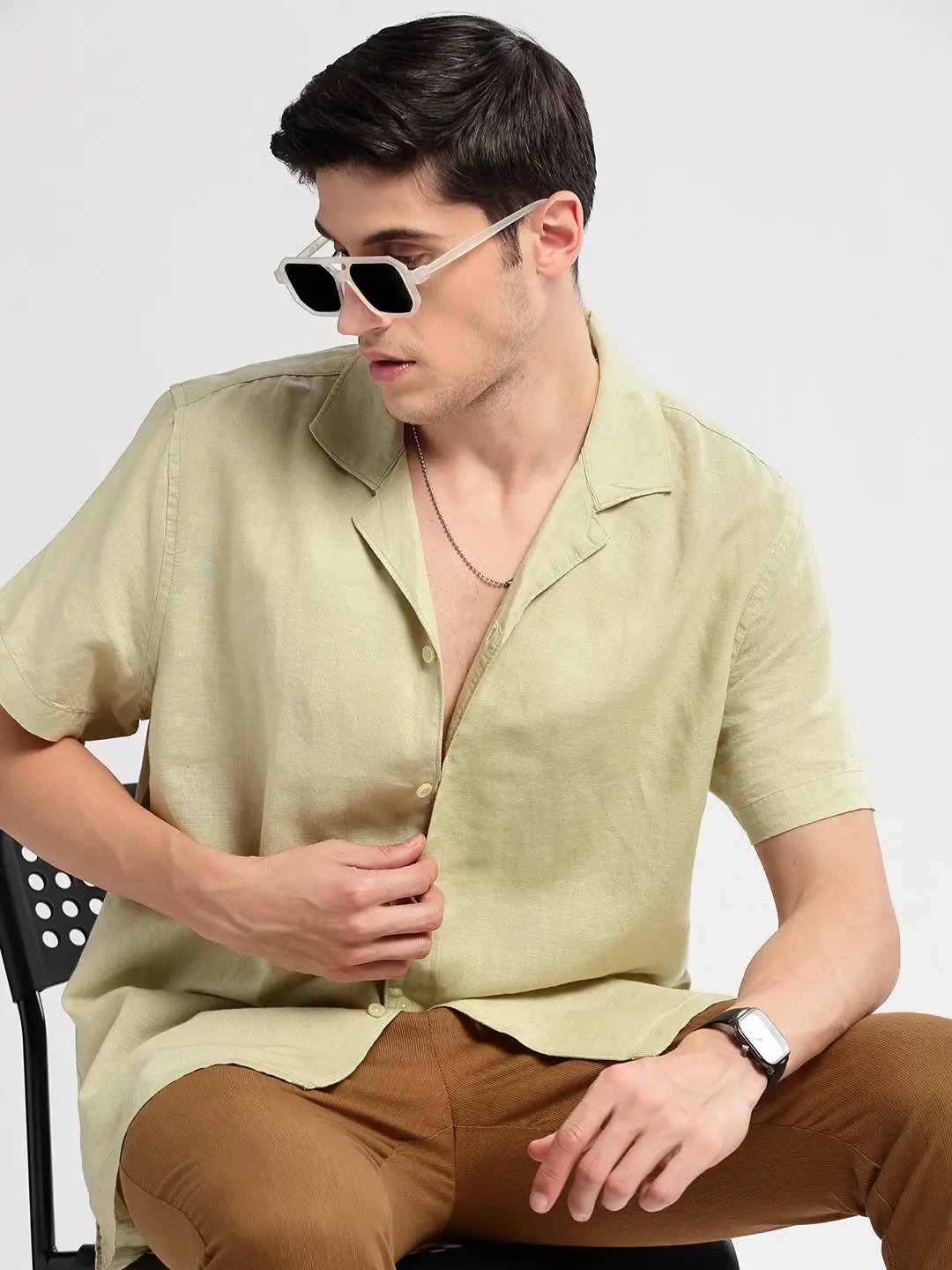 Men's Cuban Collar Solid Green Casual Shirt - from SHOWOFFFF