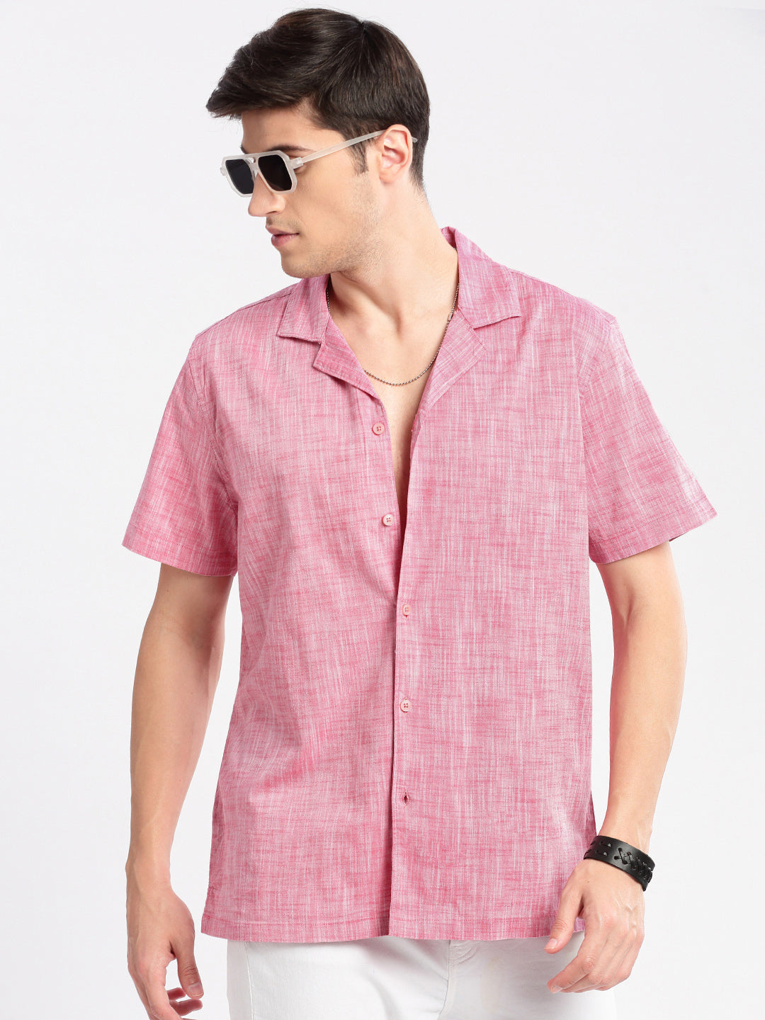 Men's Cuban Collar Solid Pink Casual Shirt