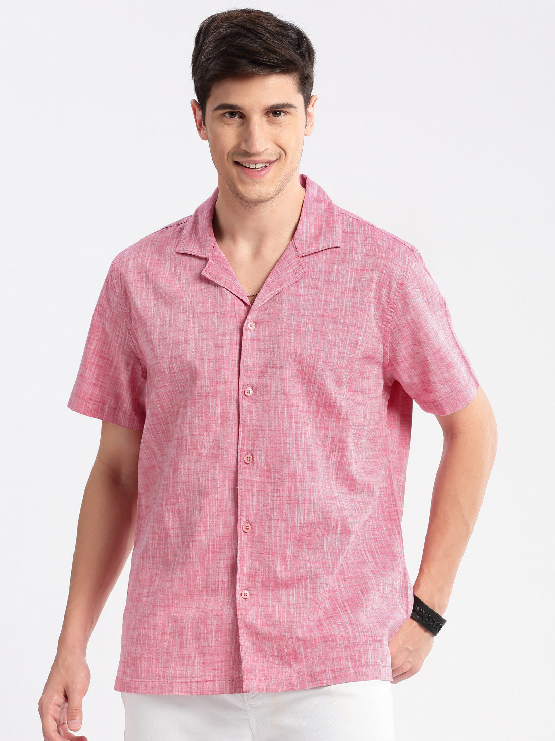 Men's Cuban Collar Solid Pink Casual Shirt