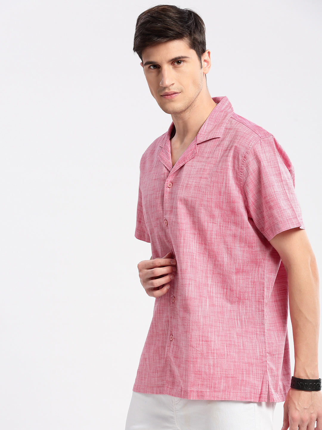 Men's Cuban Collar Solid Pink Casual Shirt