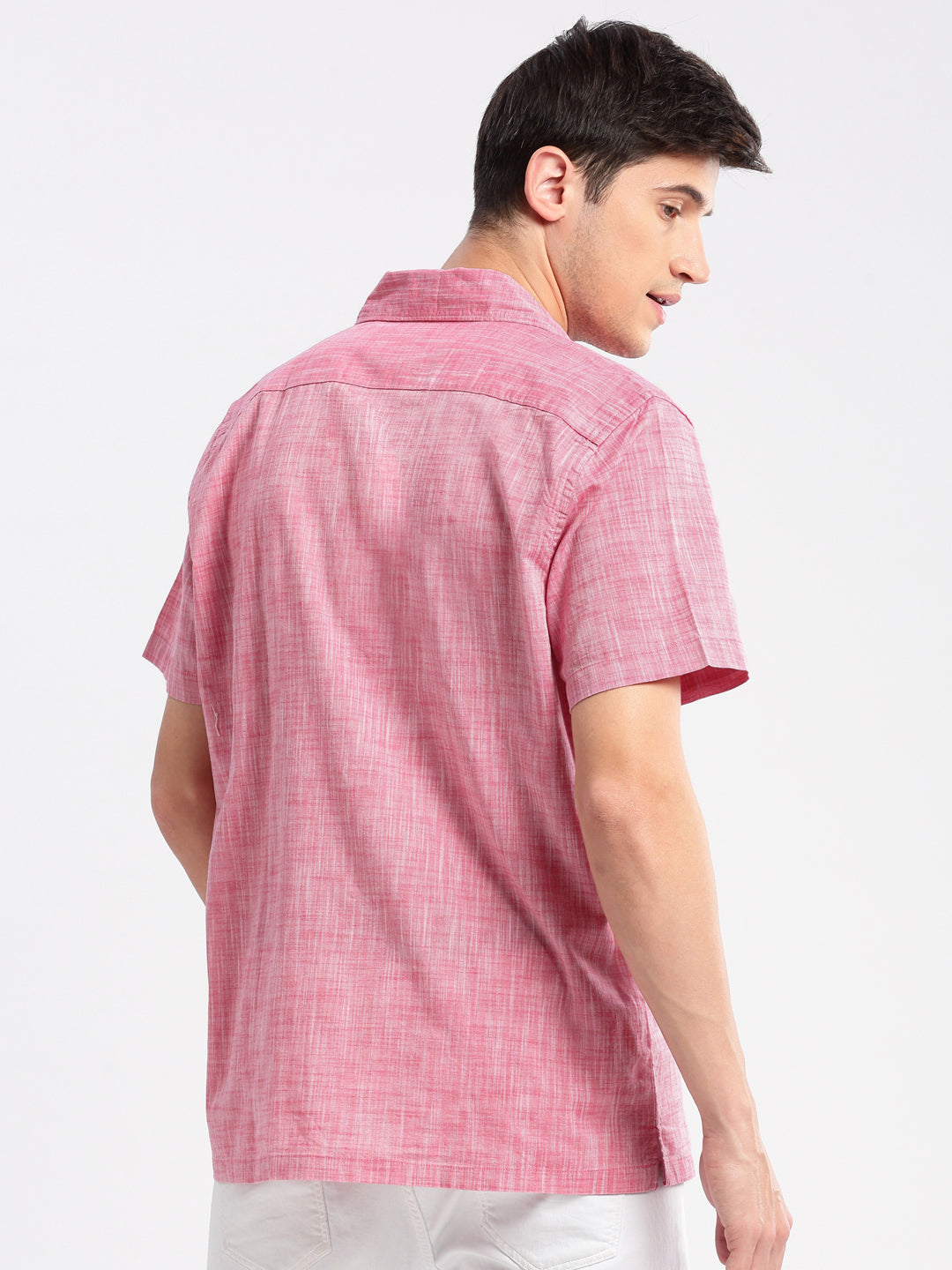 Men's Cuban Collar Solid Pink Casual Shirt