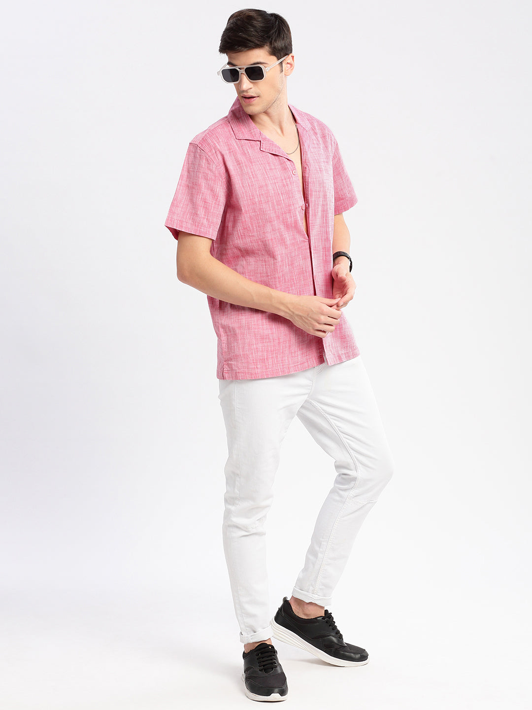 Men's Cuban Collar Solid Pink Casual Shirt
