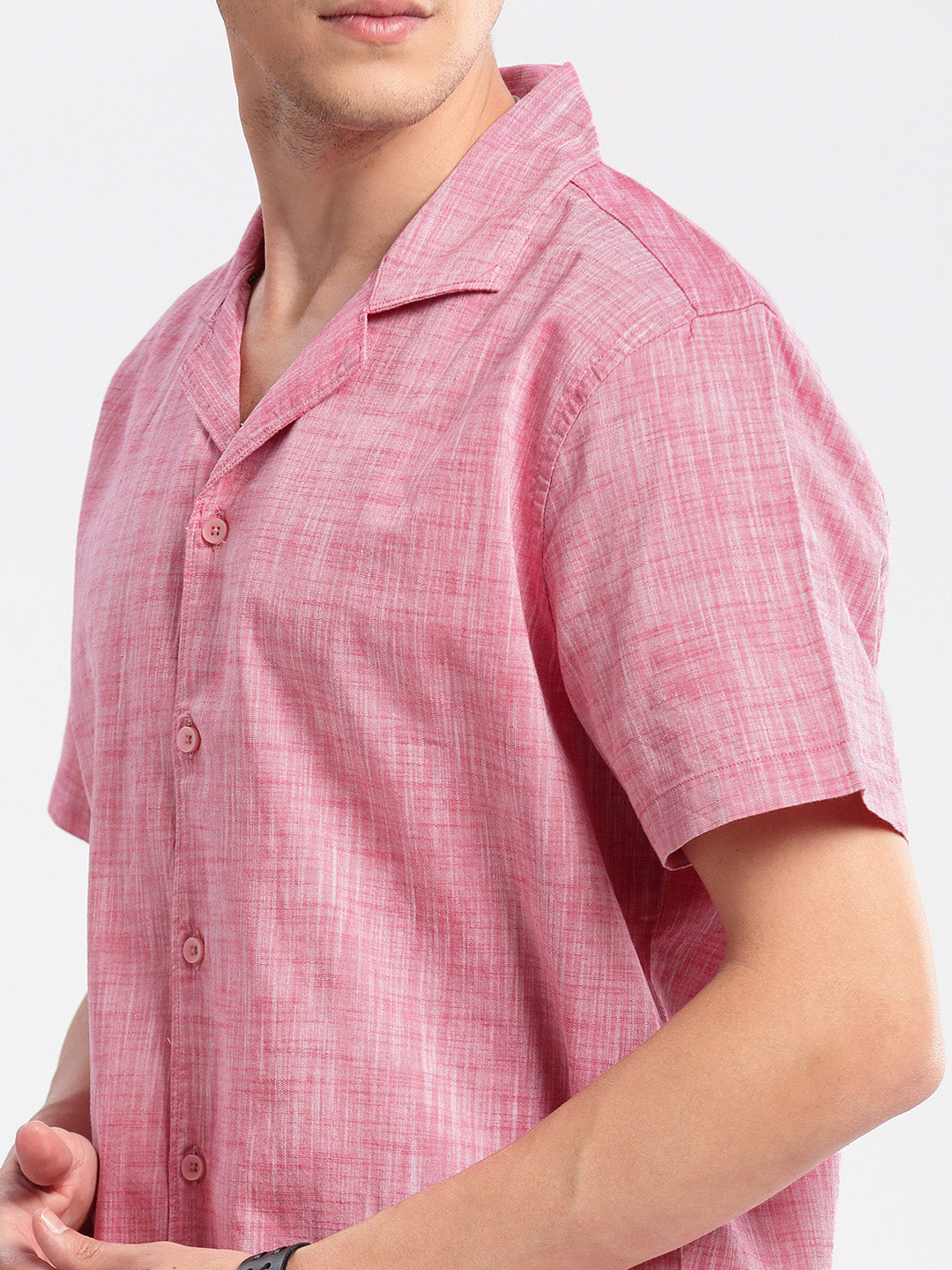 Men's Cuban Collar Solid Pink Casual Shirt