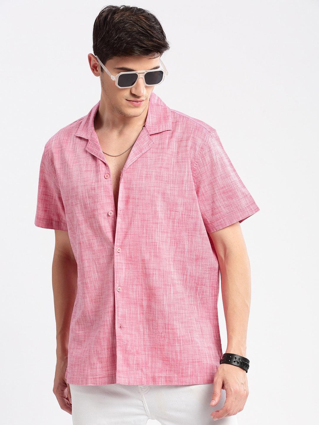 Men's Cuban Collar Solid Pink Casual Shirt