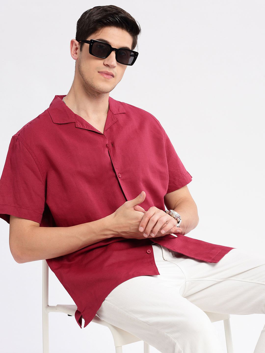 Men's Cuban Collar Solid Maroon Casual Shirt