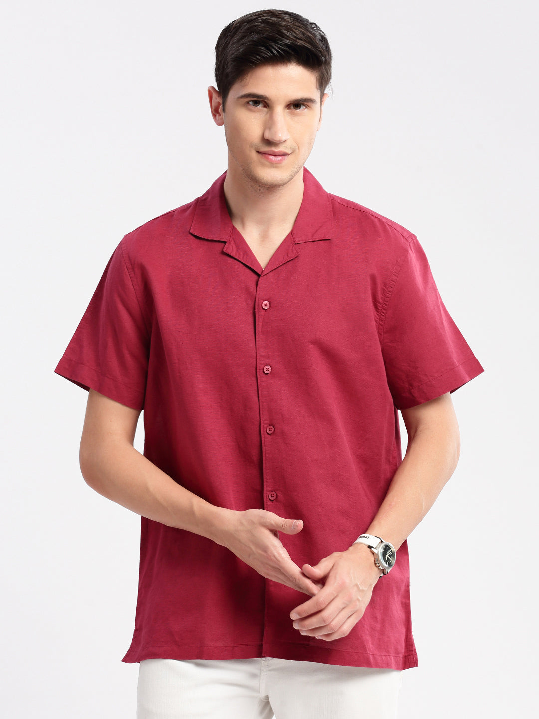 Men's Cuban Collar Solid Maroon Casual Shirt