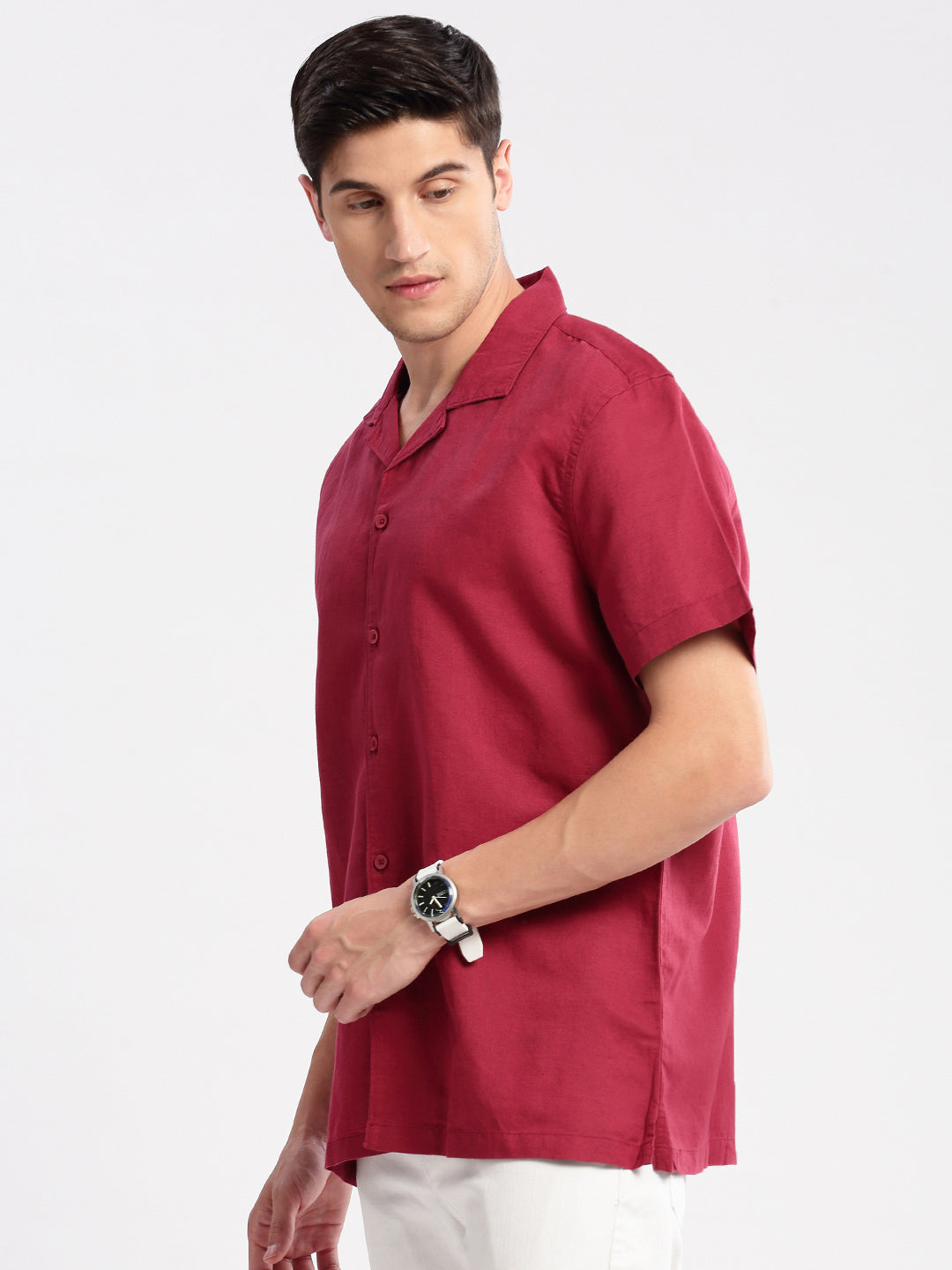 Men's Cuban Collar Solid Maroon Casual Shirt