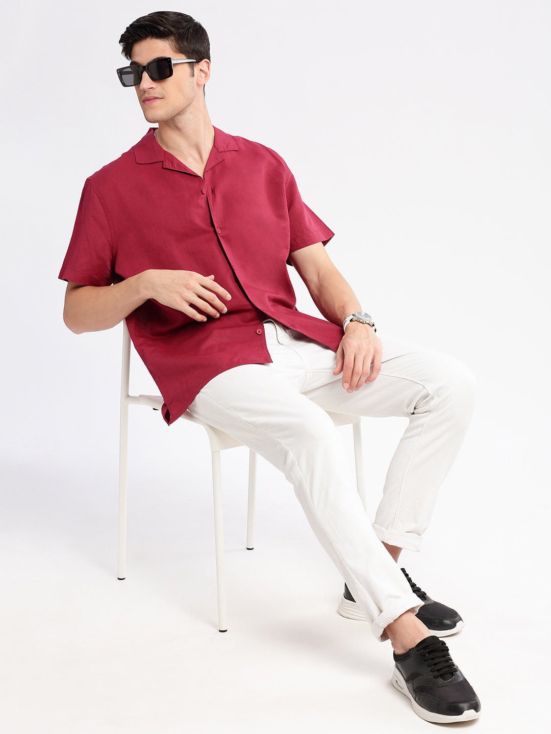 Men's Cuban Collar Solid Maroon Casual Shirt