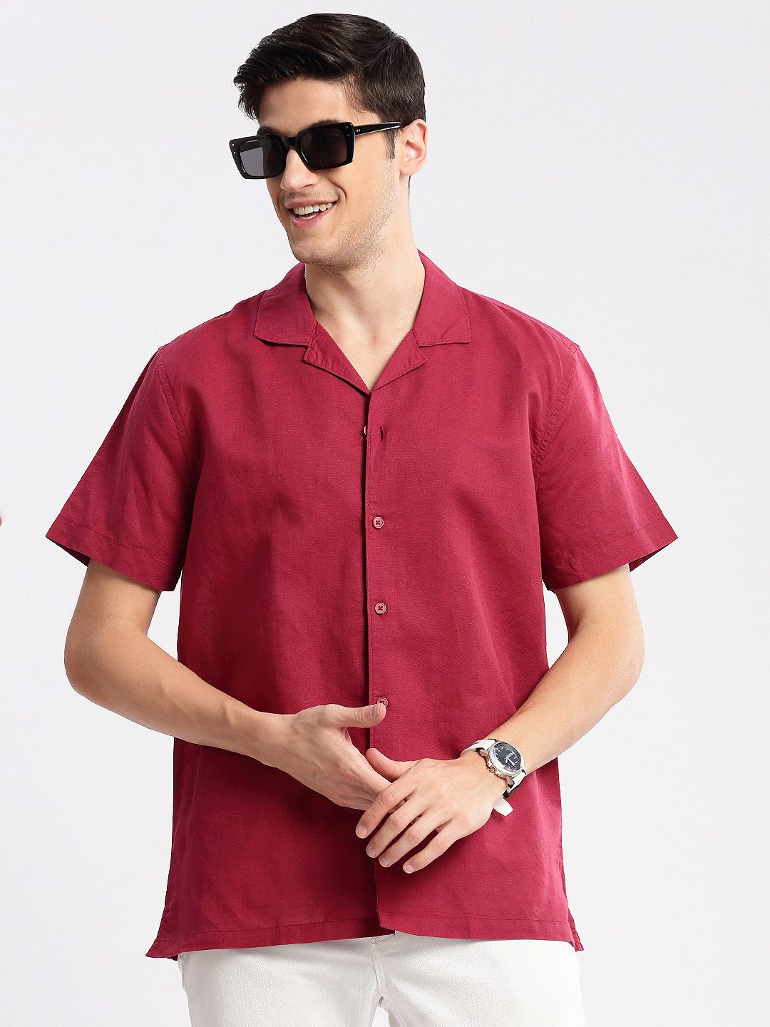 Men's Cuban Collar Solid Maroon Casual Shirt