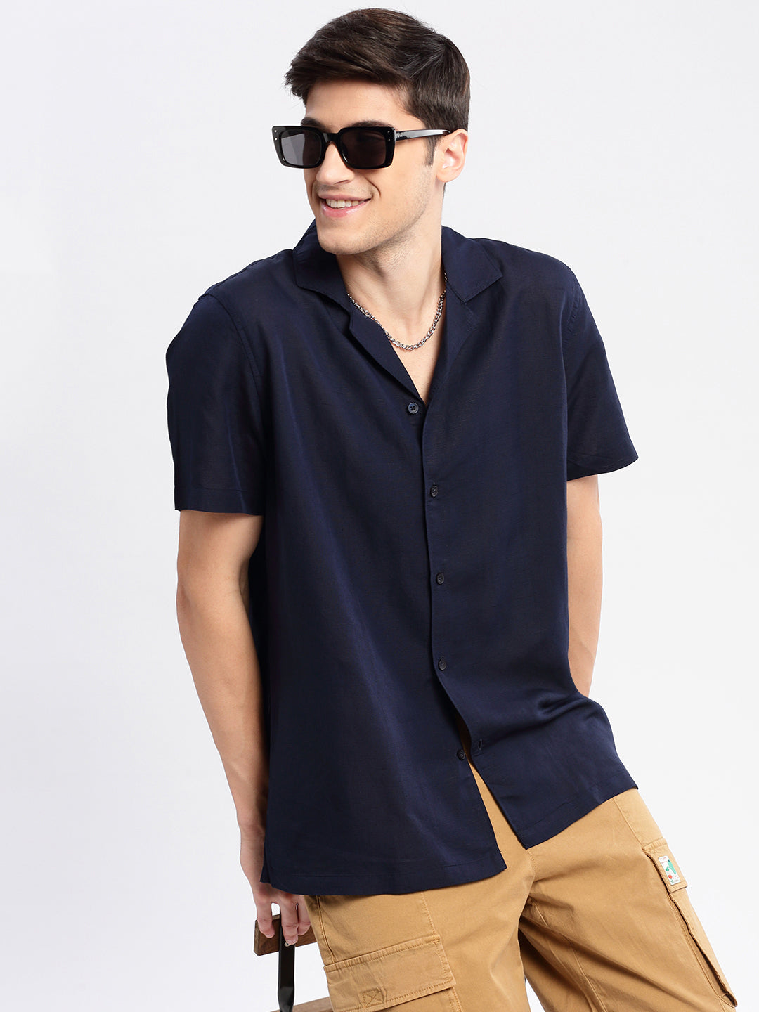 Men's Cuban Collar Solid Navy Blue Casual Shirt