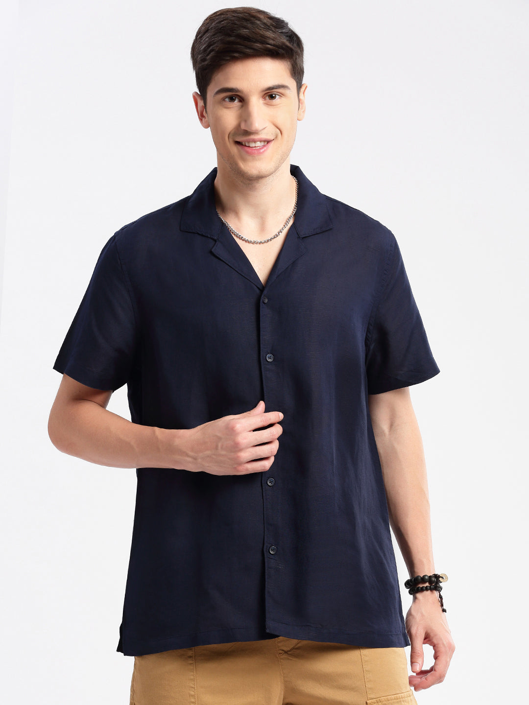 Men's Cuban Collar Solid Navy Blue Casual Shirt
