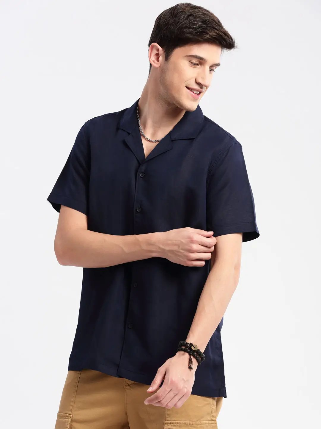 Men's Cuban Collar Solid Navy Blue Casual Shirt - from SHOWOFFFF