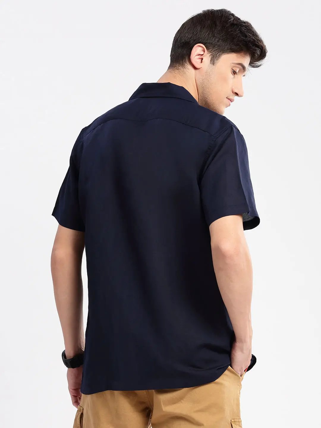 Men's Cuban Collar Solid Navy Blue Casual Shirt - from SHOWOFFFF