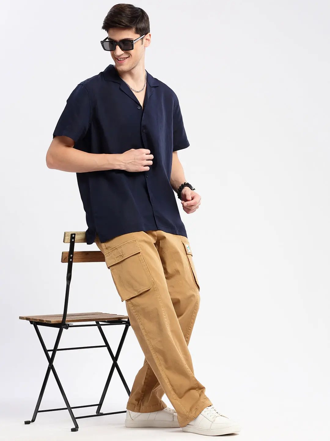 Men's Cuban Collar Solid Navy Blue Casual Shirt - from SHOWOFFFF