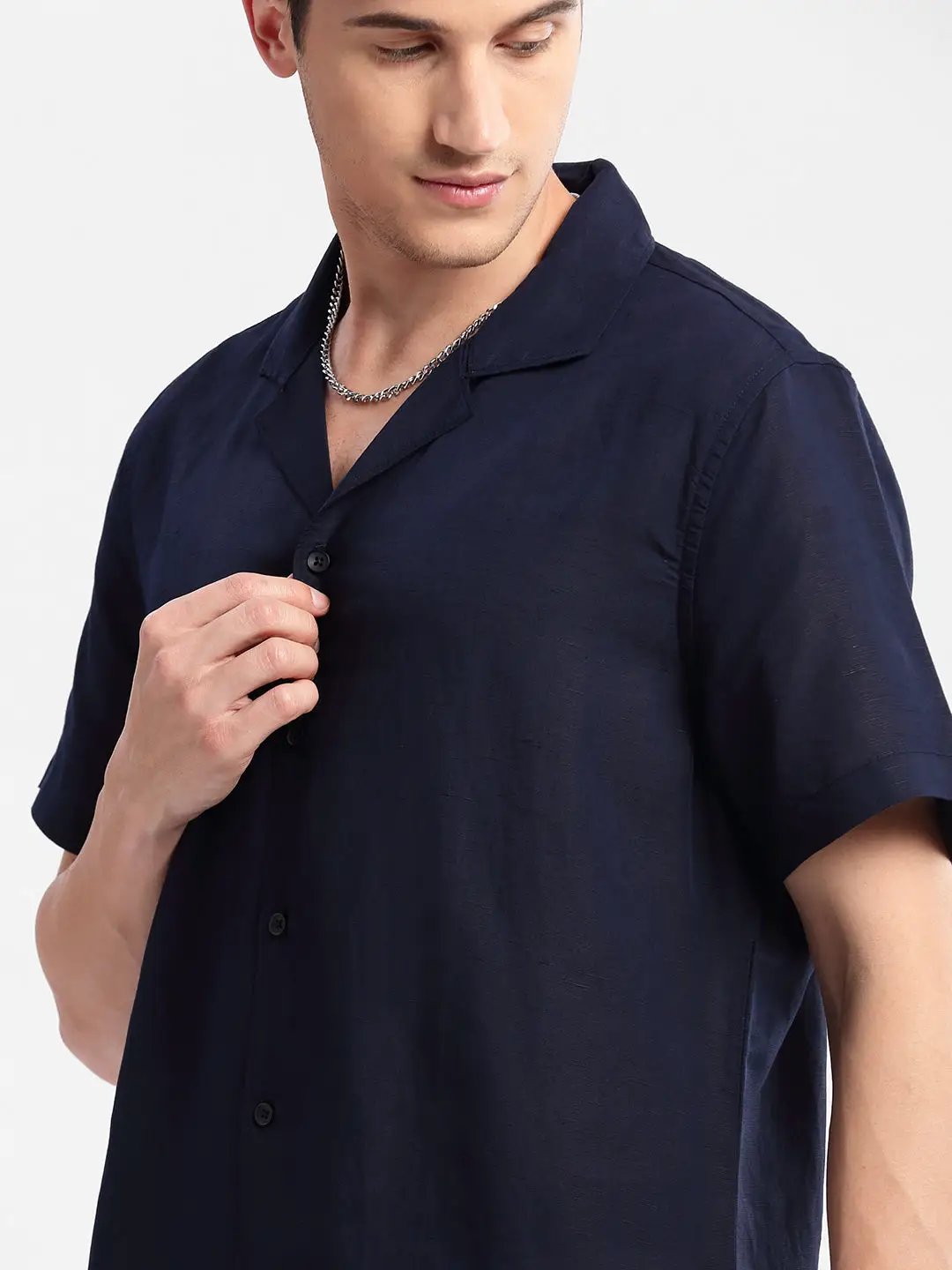 Men's Cuban Collar Solid Navy Blue Casual Shirt - from SHOWOFFFF