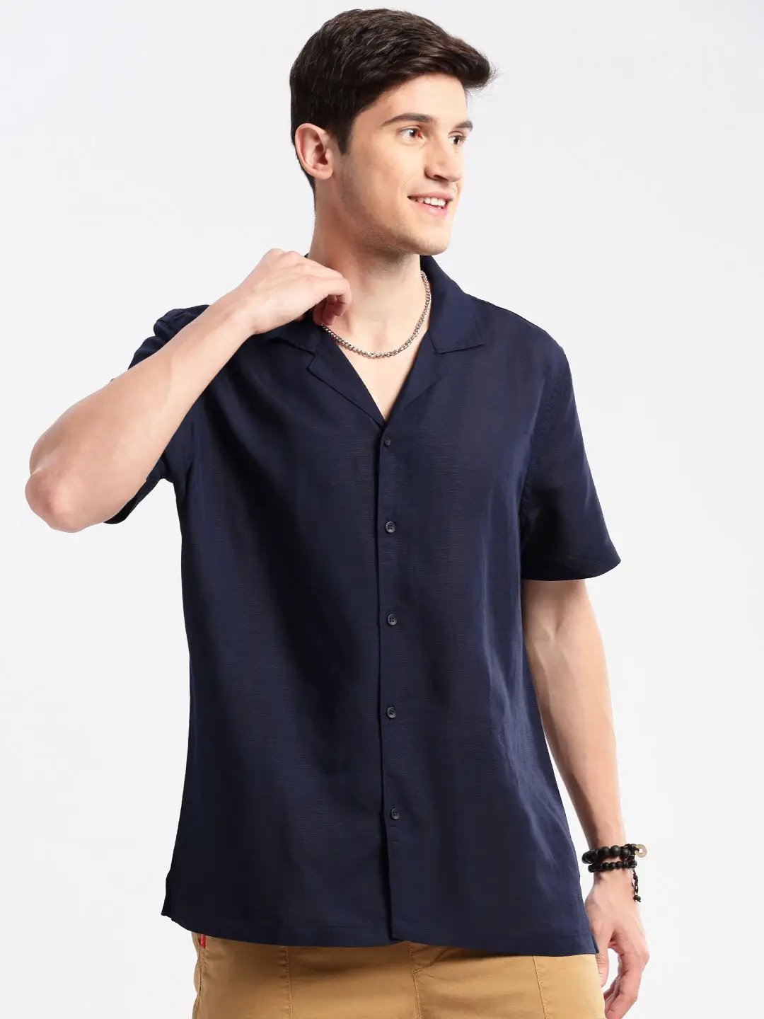 Men's Cuban Collar Solid Navy Blue Casual Shirt - from SHOWOFFFF