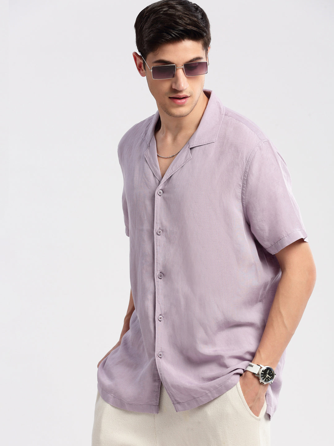 Men's Cuban Collar Solid Lavender Casual Shirt