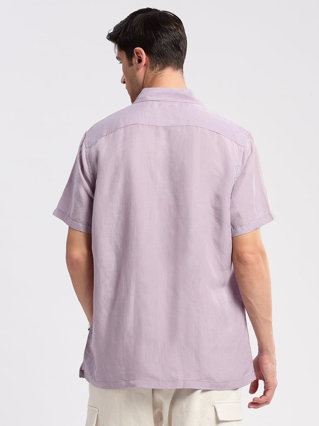 Men's Cuban Collar Solid Lavender Casual Shirt