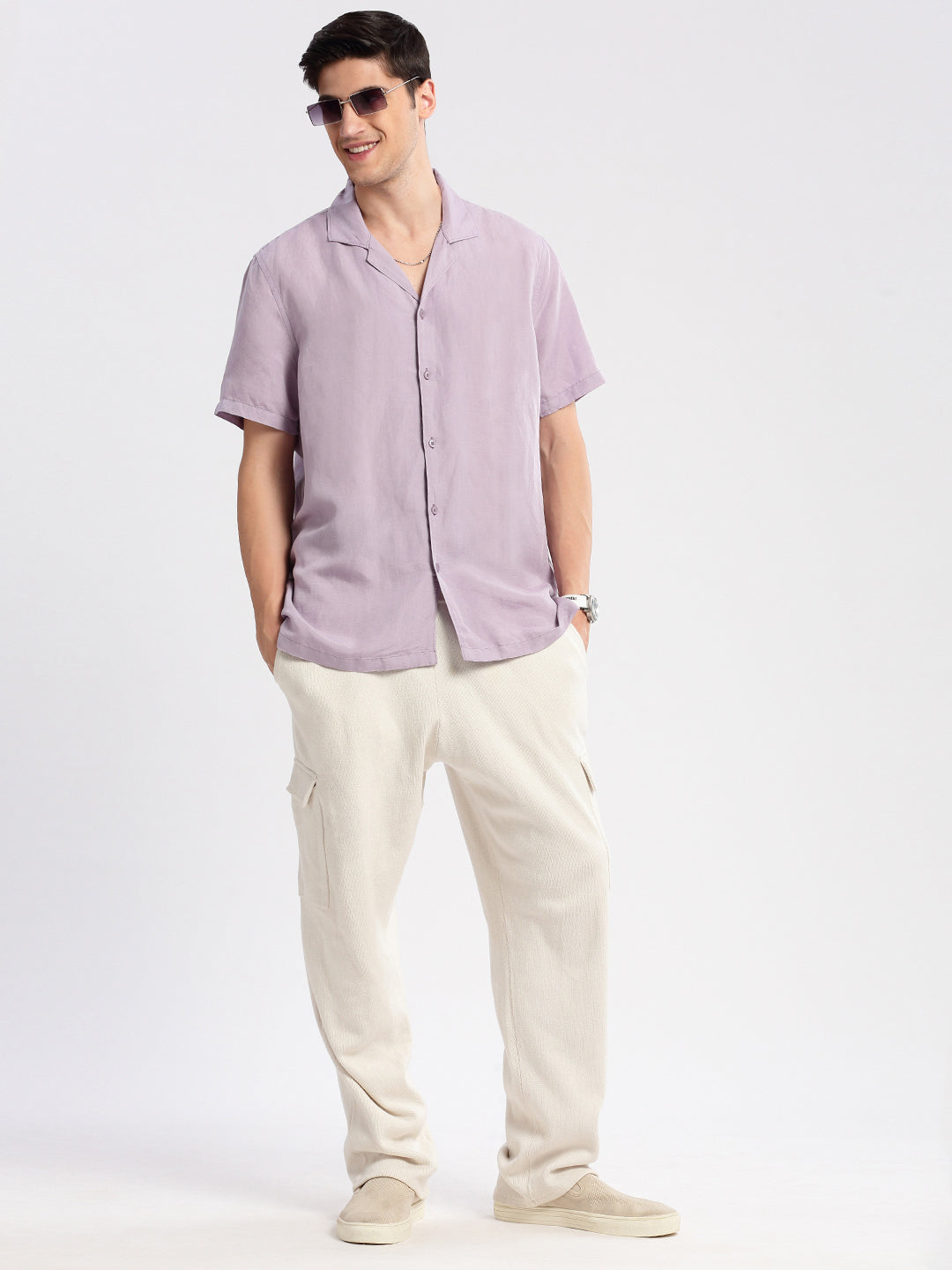 Men's Cuban Collar Solid Lavender Casual Shirt