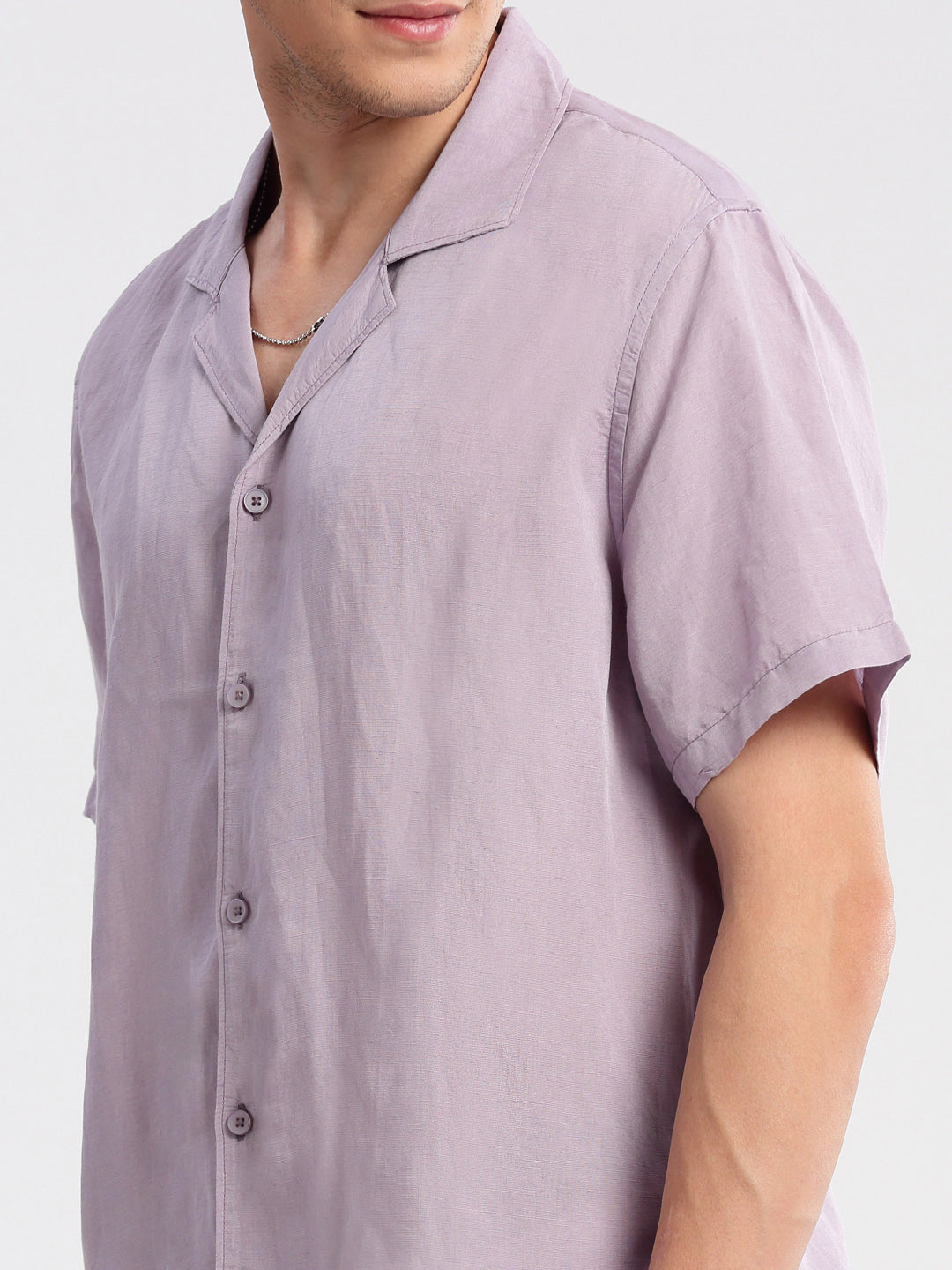 Men's Cuban Collar Solid Lavender Casual Shirt