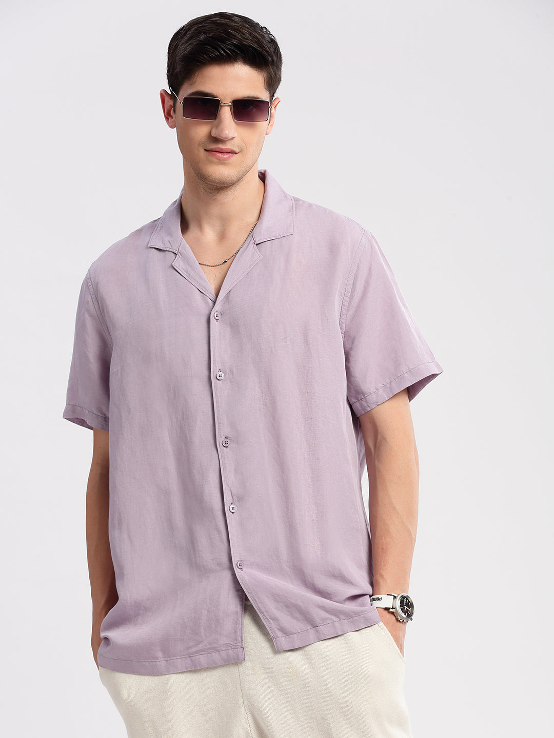Men's Cuban Collar Solid Lavender Casual Shirt