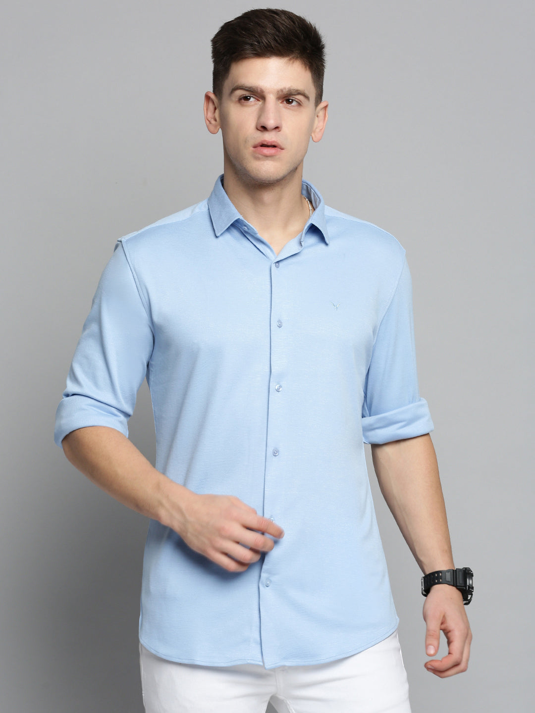 Men's Blue Comfort Slim Fit Knitted Casual Cotton Shirt